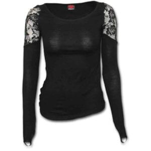 gothic elegancesvart langermet topp med blonde skuldre P001F443