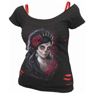 day of the dead svart og rød 2 i 1 topp med rifter K026F711 A Riff Raff Store
