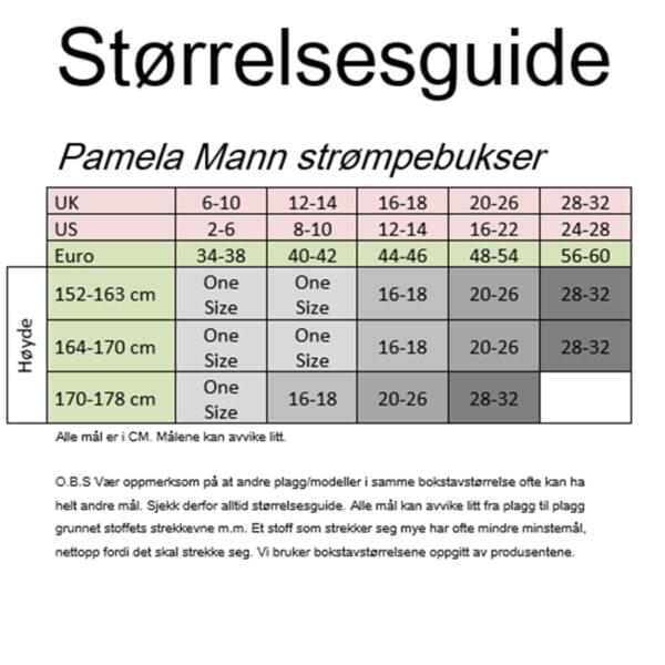 størrelseguide pamela mann strømpebukser