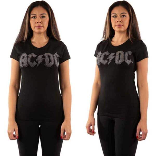 ac dc dame t-skjorte sølv glitter studs logo diamanter ACDCTS36LB