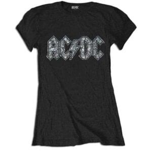 ac dc dame t-skjorte sølv glitter studs logo diamanter ACDCTS36LB