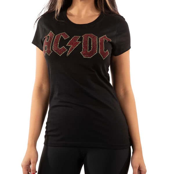 ac dc dame t-skjorte rød gull glitter studs logo diamanter ACDCTS95MB