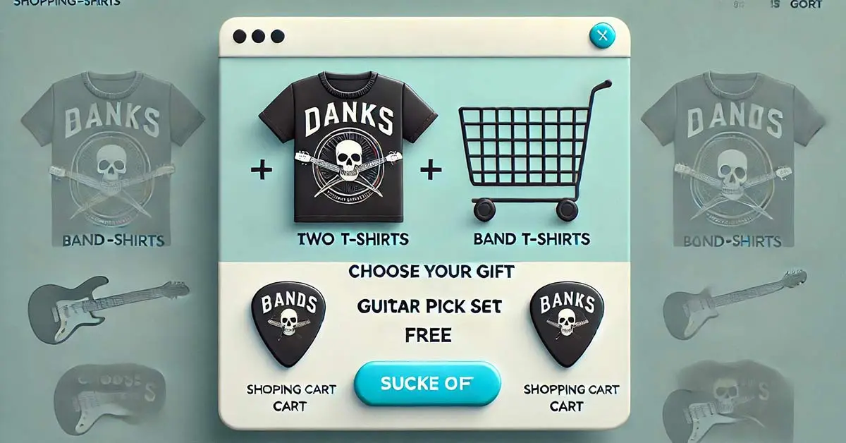 Handlekurvskjerm som viser to T-skjorter lagt til og 'Velg din gave'-knapp for gratis gitarplekter sett.